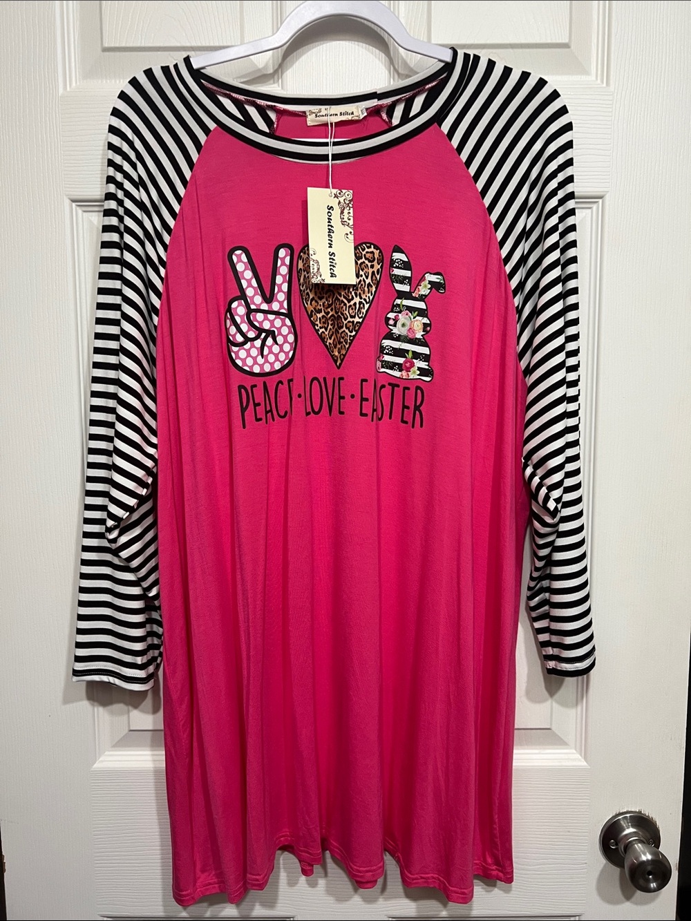 Southern Stitch Peace Love Easter Hot Pink Raglan Tee with Black & White Stripes